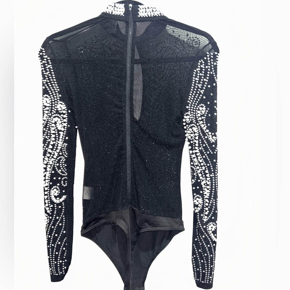 Small Chic Black mesh sheer pearls S Embellished Bodysuit - Picture 6 of 11